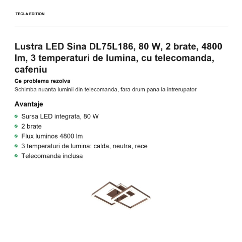 Lustra LED Sina DL75L186, 80 W, 2 brate, 4800 lm, 3 temperaturi de lumina, cu telecomanda, cafeniu [1]