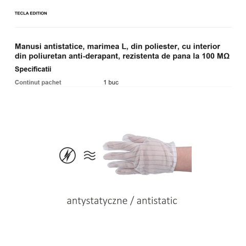 Manusi antistatice, marimea L, din poliester, cu interior din poliuretan anti-derapant, rezistenta de pana la 100 MΩ [2]