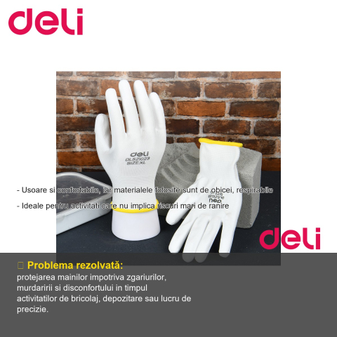 Manusi de protectie Deli, poliester cu strat de PU, albe, marime XL, set 2 bucati [1]