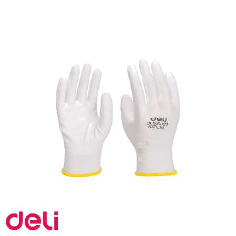 Bricolaj - Manusi de protectie Deli, poliester cu strat de PU, albe, marime XL, set 2 bucati