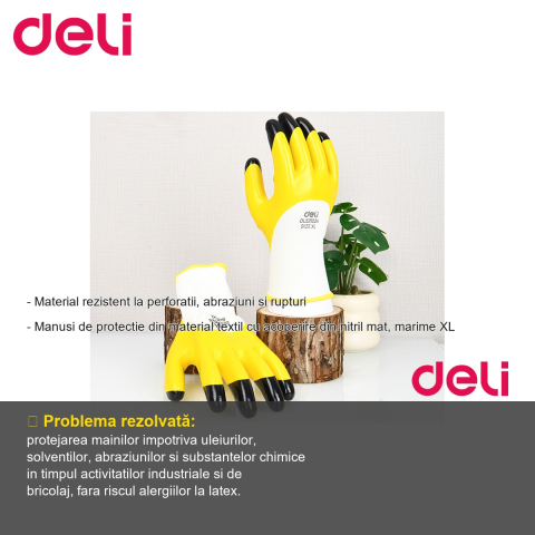 Manusi de protectie Deli, textil cu acoperire nitril mat, marime XL, rezistente la substante chimice si abraziuni, set 2 bucati [1]
