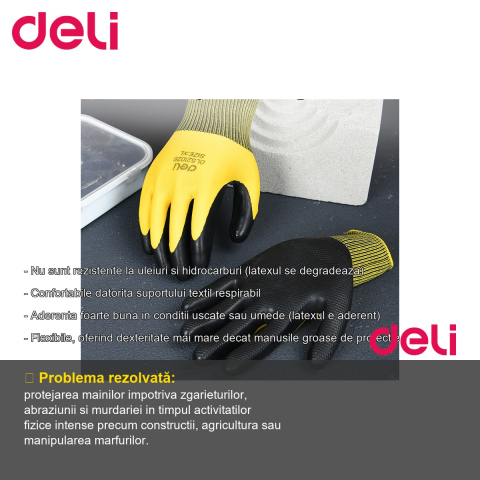 Manusi de protectie Deli, textile cu acoperire latex galben-negru, marime XL, set 2 bucati, pentru munca fizica [1]
