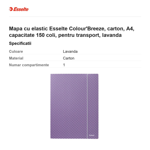 Mapa cu elastic Esselte Colour'Breeze, carton, A4, capacitate 150 coli, pentru transport, lavanda [2]