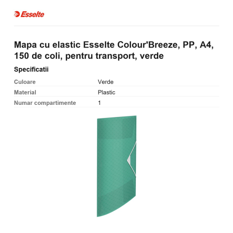 Mapa cu elastic Esselte Colour'Breeze, PP, A4, 150 de coli, pentru transport, verde [2]