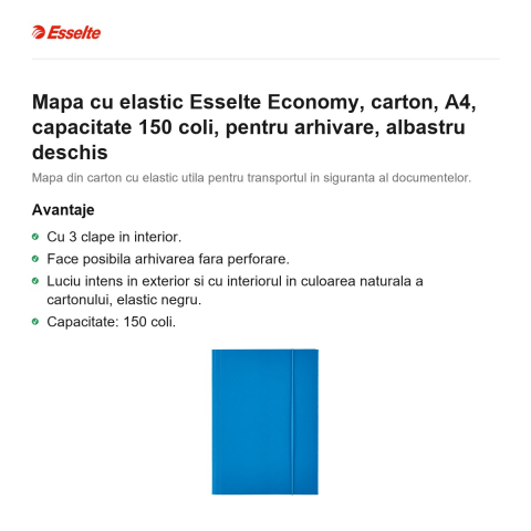 Mapa cu elastic Esselte Economy, carton, A4, capacitate 150 coli, pentru arhivare, albastru deschis [1]