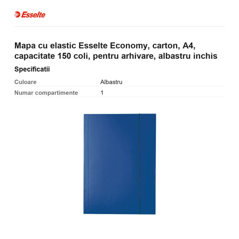 Mapa cu elastic Esselte Economy, carton, A4, capacitate 150 coli, pentru arhivare, albastru inchis [2]