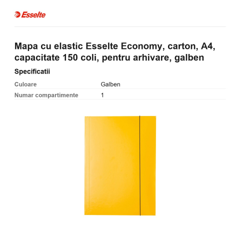 Mapa cu elastic Esselte Economy, carton, A4, capacitate 150 coli, pentru arhivare, galben [2]