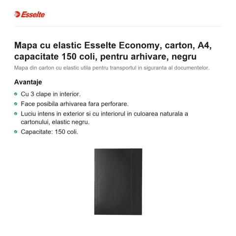 Mapa cu elastic Esselte Economy, carton, A4, capacitate 150 coli, pentru arhivare, negru [1]