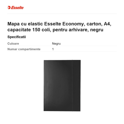 Mapa cu elastic Esselte Economy, carton, A4, capacitate 150 coli, pentru arhivare, negru [2]