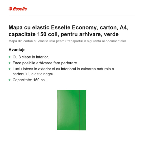 Mapa cu elastic Esselte Economy, carton, A4, capacitate 150 coli, pentru arhivare, verde [1]