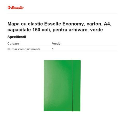 Mapa cu elastic Esselte Economy, carton, A4, capacitate 150 coli, pentru arhivare, verde [2]