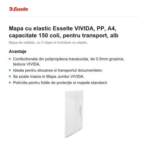 Mapa cu elastic Esselte VIVIDA, PP, A4, capacitate 150 coli, pentru transport, alb [1]