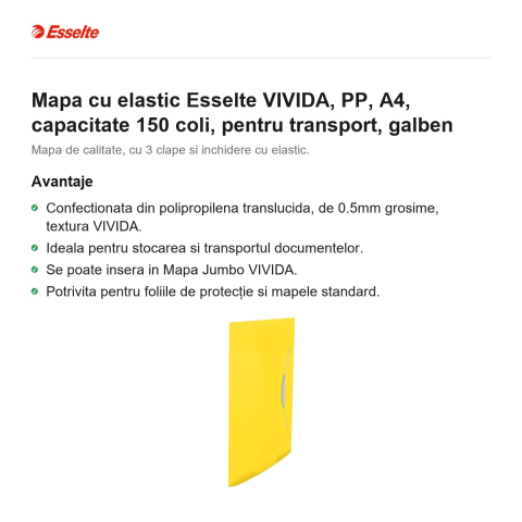 Mapa cu elastic Esselte VIVIDA, PP, A4, capacitate 150 coli, pentru transport, galben [1]