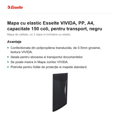 Mapa cu elastic Esselte VIVIDA, PP, A4, capacitate 150 coli, pentru transport, negru [1]