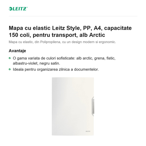 Mapa cu elastic Leitz Style, PP, A4, capacitate 150 coli, pentru transport, alb Arctic [1]