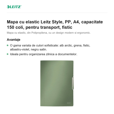 Mapa cu elastic Leitz Style, PP, A4, capacitate 150 coli, pentru transport, fistic [1]