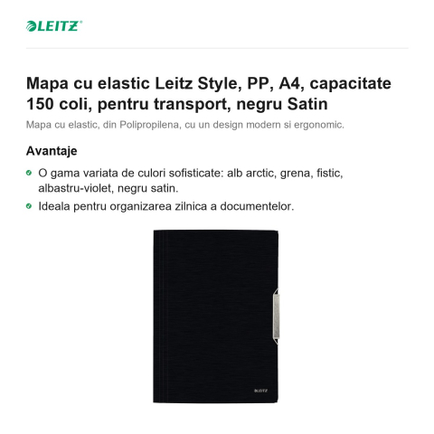 Mapa cu elastic Leitz Style, PP, A4, capacitate 150 coli, pentru transport, negru Satin [1]