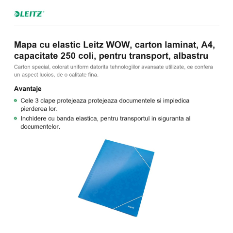 Mapa cu elastic Leitz WOW, carton laminat, A4, capacitate 250 coli, pentru transport, albastru [1]