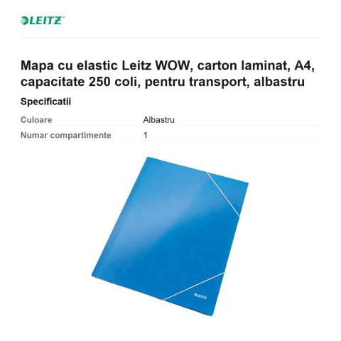 Mapa cu elastic Leitz WOW, carton laminat, A4, capacitate 250 coli, pentru transport, albastru [2]