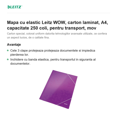 Mapa cu elastic Leitz WOW, carton laminat, A4, capacitate 250 coli, pentru transport, mov [1]