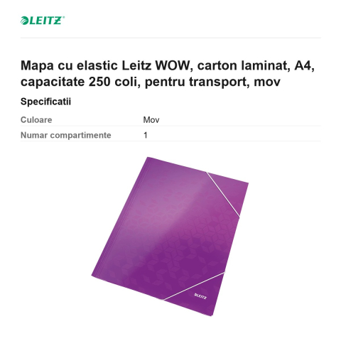 Mapa cu elastic Leitz WOW, carton laminat, A4, capacitate 250 coli, pentru transport, mov [2]
