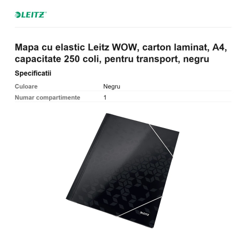 Mapa cu elastic Leitz WOW, carton laminat, A4, capacitate 250 coli, pentru transport, negru [2]