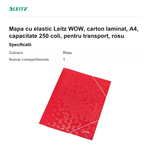 Mapa cu elastic Leitz WOW, carton laminat, A4, capacitate 250 coli, pentru transport, rosu [2]