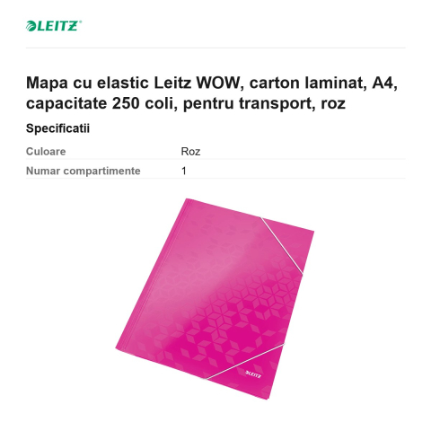Mapa cu elastic Leitz WOW, carton laminat, A4, capacitate 250 coli, pentru transport, roz [2]