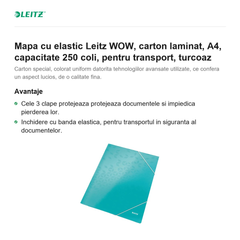 Mapa cu elastic Leitz WOW, carton laminat, A4, capacitate 250 coli, pentru transport, turcoaz [1]