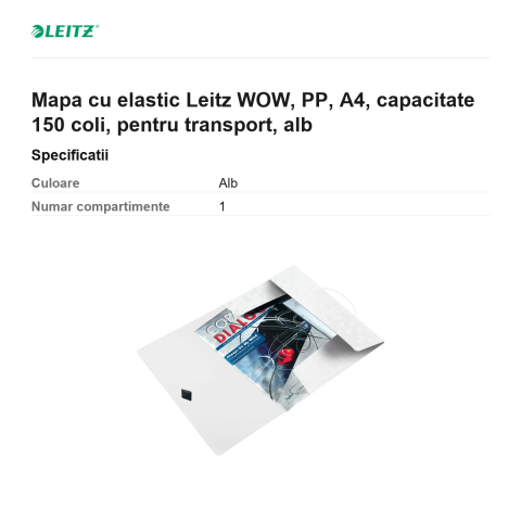 Mapa cu elastic Leitz WOW, PP, A4, capacitate 150 coli, pentru transport, alb [2]
