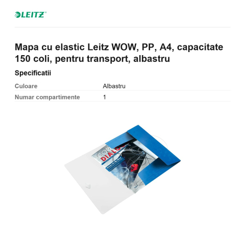 Mapa cu elastic Leitz WOW, PP, A4, capacitate 150 coli, pentru transport, albastru [2]