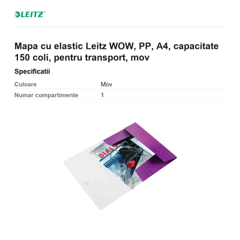 Mapa cu elastic Leitz WOW, PP, A4, capacitate 150 coli, pentru transport, mov [2]