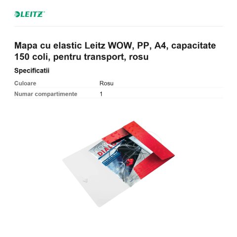 Mapa cu elastic Leitz WOW, PP, A4, capacitate 150 coli, pentru transport, rosu [2]