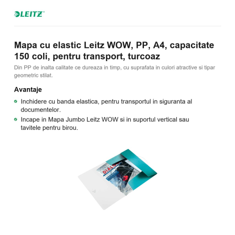 Mapa cu elastic Leitz WOW, PP, A4, capacitate 150 coli, pentru transport, turcoaz [1]