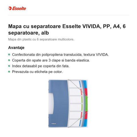 Mapa cu separatoare Esselte VIVIDA, PP, A4, 6 separatoare, alb [1]
