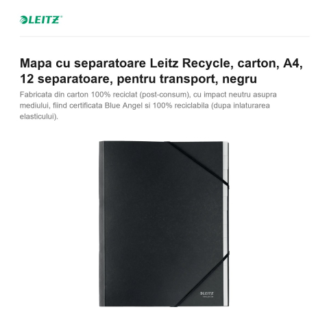 Mapa cu separatoare Leitz Recycle, carton, A4, 12 separatoare, pentru transport, negru [1]
