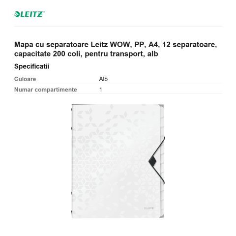 Mapa cu separatoare Leitz WOW, PP, A4, 12 separatoare, capacitate 200 coli, pentru transport, alb [2]