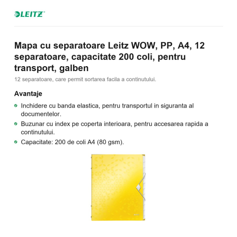 Mapa cu separatoare Leitz WOW, PP, A4, 12 separatoare, capacitate 200 coli, pentru transport, galben [1]