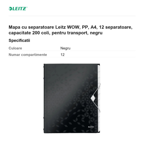 Mapa cu separatoare Leitz WOW, PP, A4, 12 separatoare, capacitate 200 coli, pentru transport, negru [2]