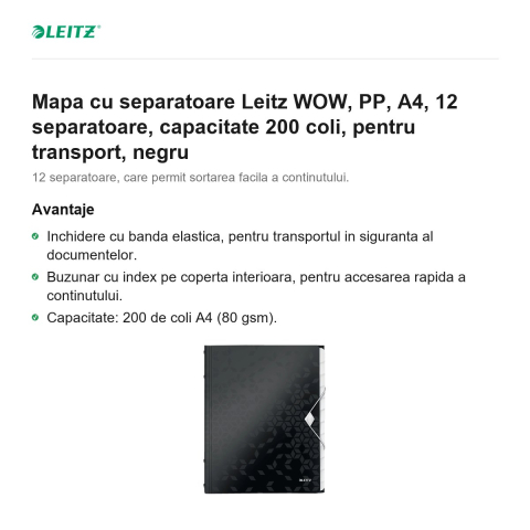 Mapa cu separatoare Leitz WOW, PP, A4, 12 separatoare, capacitate 200 coli, pentru transport, negru [1]