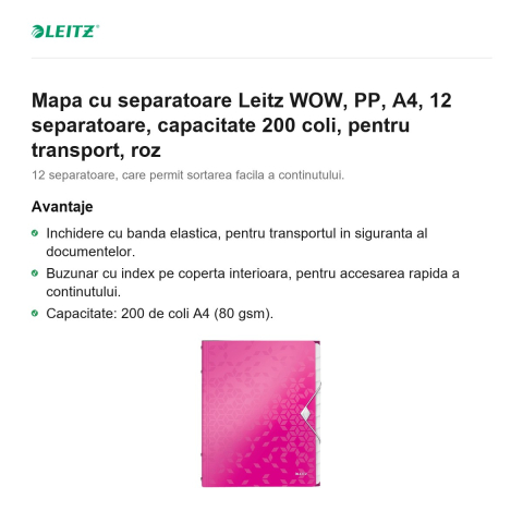 Mapa cu separatoare Leitz WOW, PP, A4, 12 separatoare, capacitate 200 coli, pentru transport, roz [1]