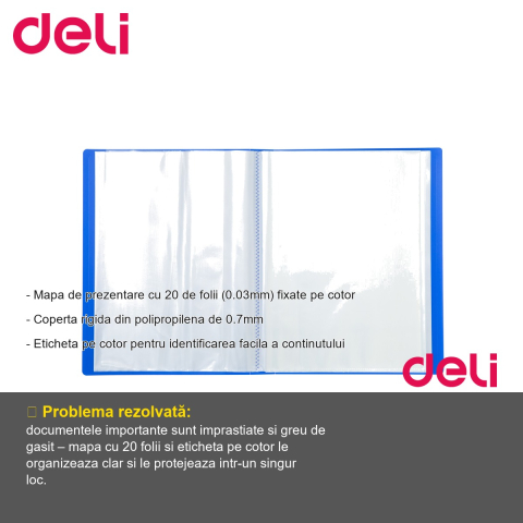 Mapa de prezentare Deli, 20 folii, coperta rigida din polipropilena, culori asortate, pentru documente A4 [1]