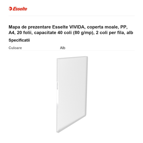 Mapa de prezentare Esselte VIVIDA, coperta moale, PP, A4, 20 folii, capacitate 40 coli (80 g/mp), 2 coli per fila, alb [2]