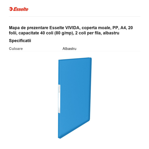 Mapa de prezentare Esselte VIVIDA, coperta moale, PP, A4, 20 folii, capacitate 40 coli (80 g/mp), 2 coli per fila, albastru [2]
