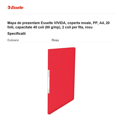 Mapa de prezentare Esselte VIVIDA, coperta moale, PP, A4, 20 folii, capacitate 40 coli (80 g/mp), 2 coli per fila, rosu [2]