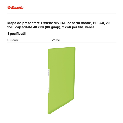 Mapa de prezentare Esselte VIVIDA, coperta moale, PP, A4, 20 folii, capacitate 40 coli (80 g/mp), 2 coli per fila, verde [2]