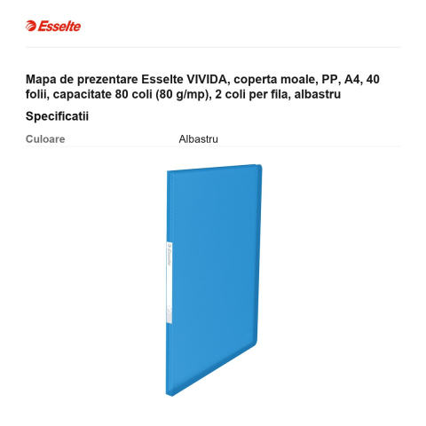Mapa de prezentare Esselte VIVIDA, coperta moale, PP, A4, 40 folii, capacitate 80 coli (80 g/mp), 2 coli per fila, albastru [2]