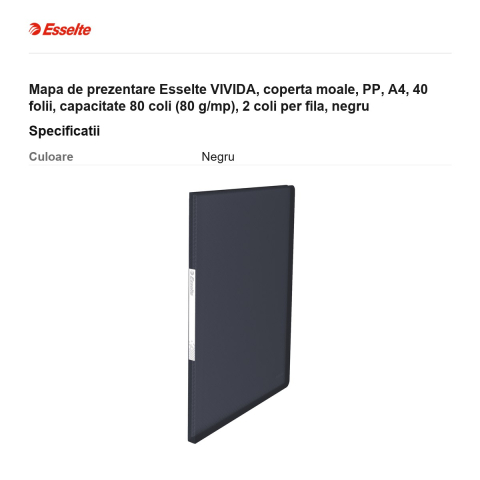 Mapa de prezentare Esselte VIVIDA, coperta moale, PP, A4, 40 folii, capacitate 80 coli (80 g/mp), 2 coli per fila, negru [2]