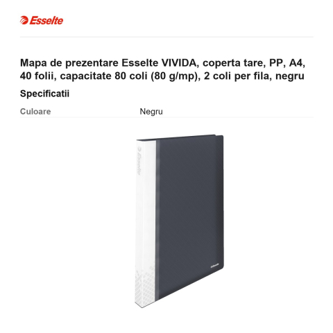 Mapa de prezentare Esselte VIVIDA, coperta tare, PP, A4, 40 folii, capacitate 80 coli (80 g/mp), 2 coli per fila, negru [2]