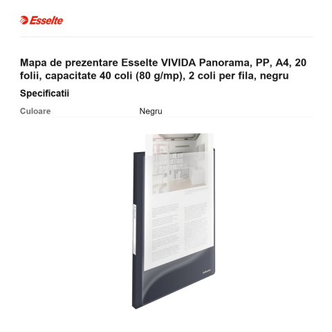 Mapa de prezentare Esselte VIVIDA Panorama, PP, A4, 20 folii, capacitate 40 coli (80 g/mp), 2 coli per fila, negru [2]